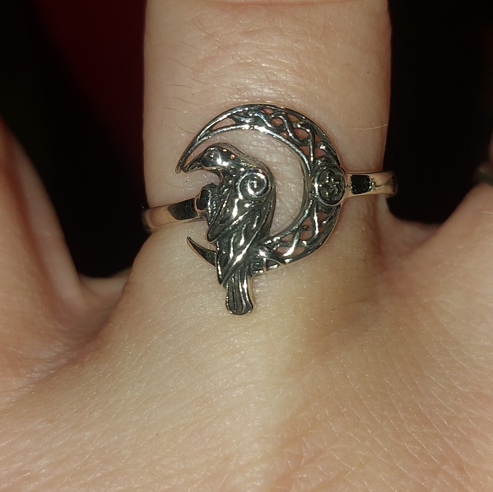 Sterling Silver Raven & Moon Celtic Style Ring - Picture 2 of 5